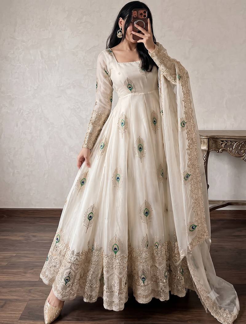 Women's cream embroidered anarkali gown kurti with pant & dupatta set