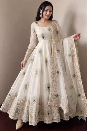 Women's cream embroidered anarkali gown kurti with pant & dupatta set