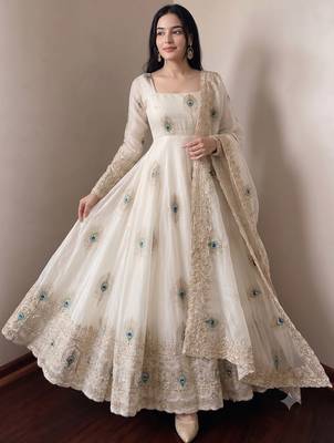 Women's cream embroidered anarkali gown kurti with pant & dupatta set 3