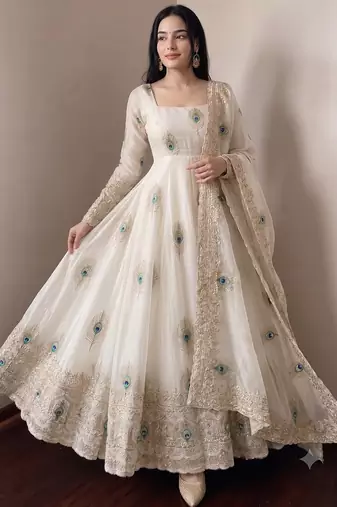 Women's cream embroidered anarkali gown kurti with pant & dupatta set