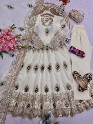 Women's cream embroidered anarkali gown kurti with pant & dupatta set 4