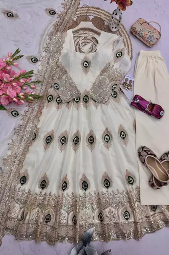 Women's cream embroidered anarkali gown kurti with pant & dupatta set