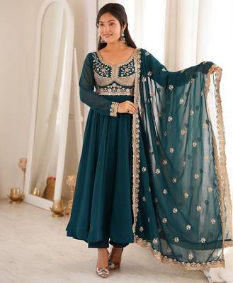 Teal blue embroidered georgette anarkali kurta with pant and dupatta set for women 1