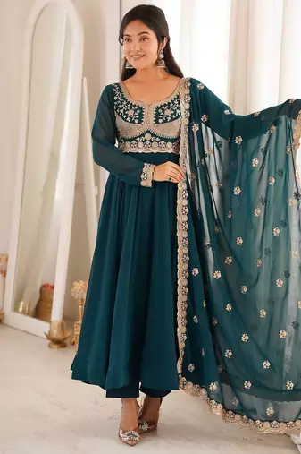 Teal blue embroidered georgette anarkali kurta with pant and dupatta set for women
