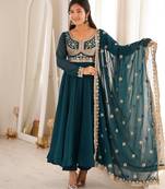 Teal blue embroidered georgette anarkali kurta with pant and dupatta set for women