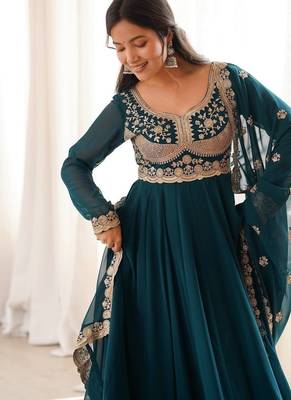 Teal blue embroidered georgette anarkali kurta with pant and dupatta set for women 2