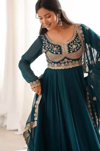 Teal blue embroidered georgette anarkali kurta with pant and dupatta set for women