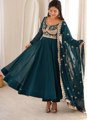 Teal blue embroidered georgette anarkali kurta with pant and dupatta set for women 3