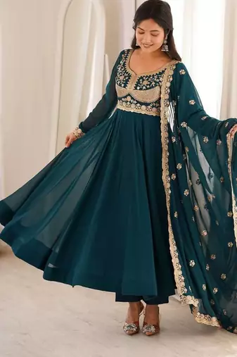 Teal blue embroidered georgette anarkali kurta with pant and dupatta set for women