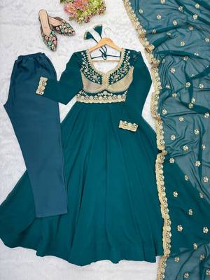Teal blue embroidered georgette anarkali kurta with pant and dupatta set for women 4