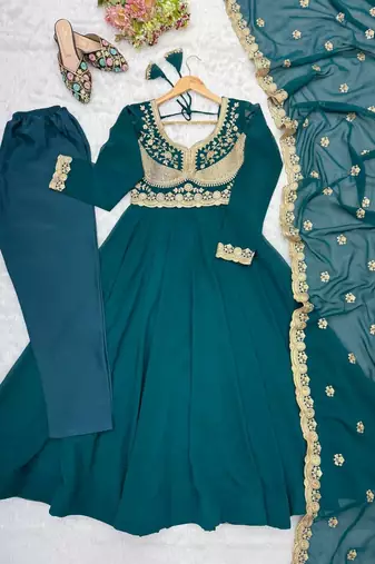 Teal blue embroidered georgette anarkali kurta with pant and dupatta set for women
