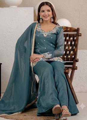 Teal green embroidered kurti with sharara & dupatta set for women 2