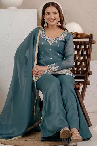 Teal green embroidered kurti with sharara & dupatta set for women