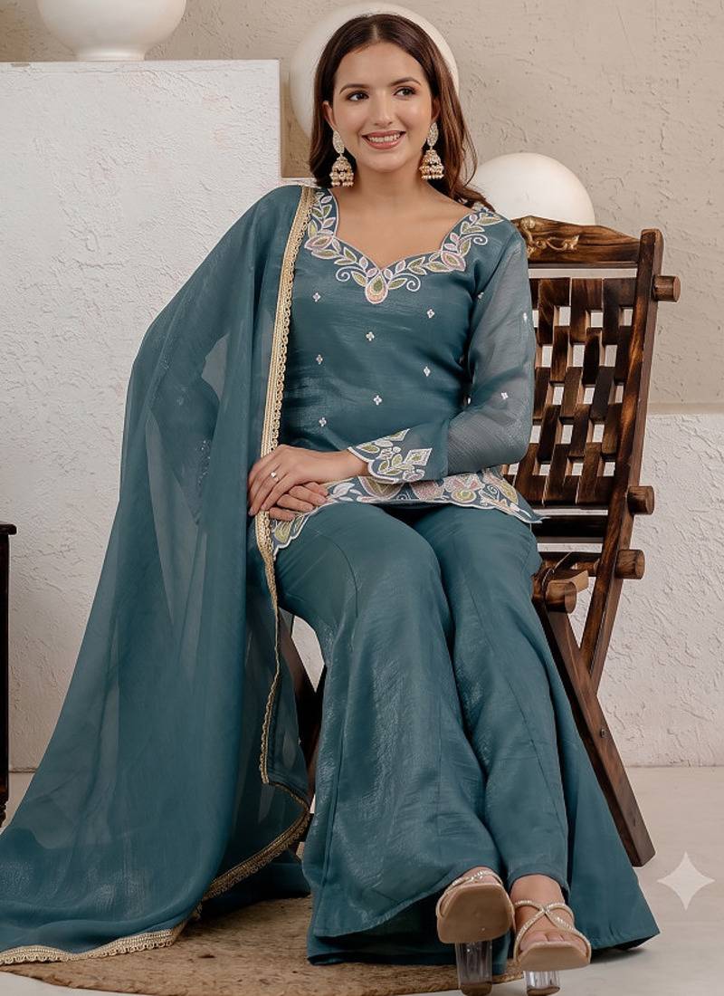 Teal green embroidered kurti with sharara & dupatta set for women