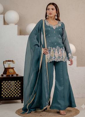 Teal green embroidered kurti with sharara & dupatta set for women 3