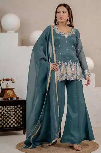 Teal green embroidered kurti with sharara & dupatta set for women