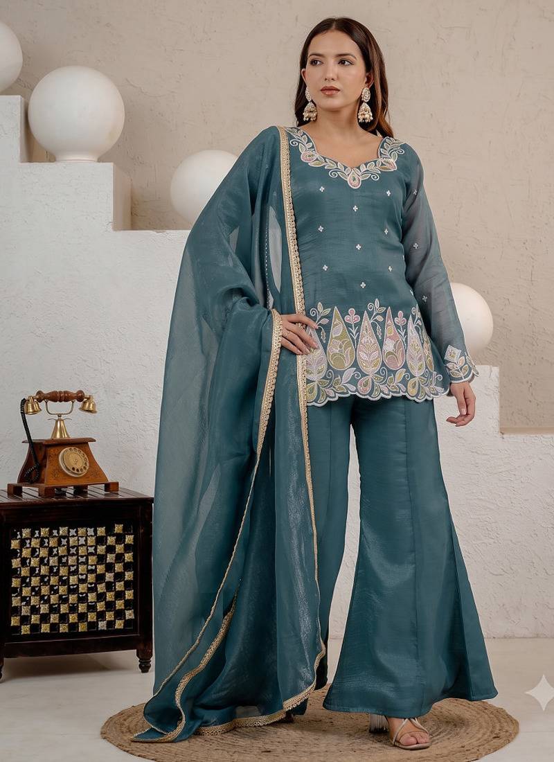 Teal green embroidered kurti with sharara & dupatta set for women