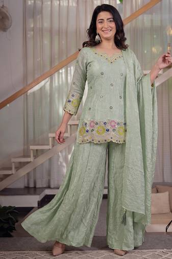 Women's pista green embroidered short kurti sharara set