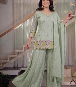 Women's pista green embroidered short kurti sharara set