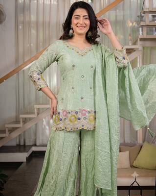 Women's pista green embroidered short kurti sharara set 2