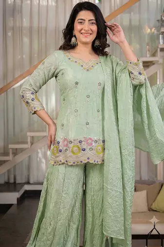 Women's pista green embroidered short kurti sharara set