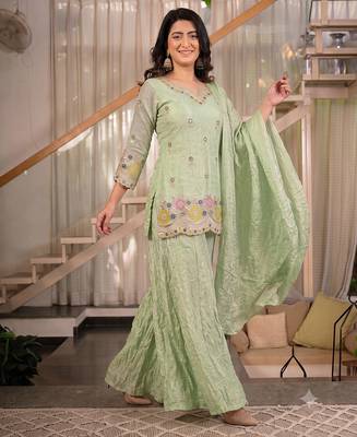Women's pista green embroidered short kurti sharara set 3