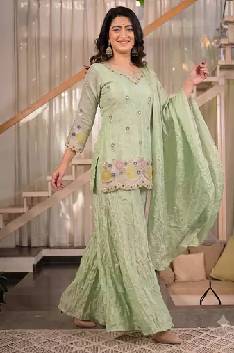 Women's pista green embroidered short kurti sharara set