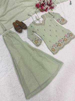 Women's pista green embroidered short kurti sharara set 4