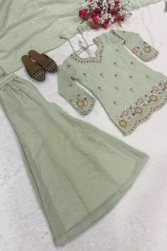 Women's pista green embroidered short kurti sharara set