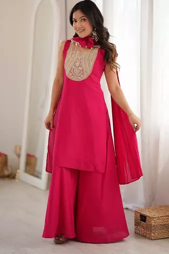 Rani pink heavy zari & thread embroidered kurti sharara set for women