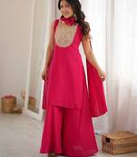 Rani pink heavy zari & thread embroidered kurti sharara set for women
