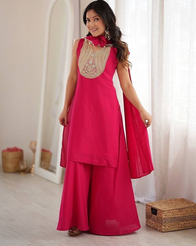 Rani pink heavy zari & thread embroidered kurti sharara set for women