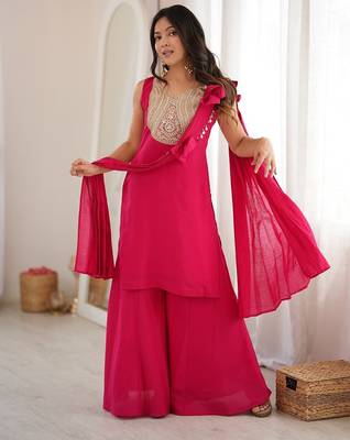 Rani pink heavy zari & thread embroidered kurti sharara set for women 2