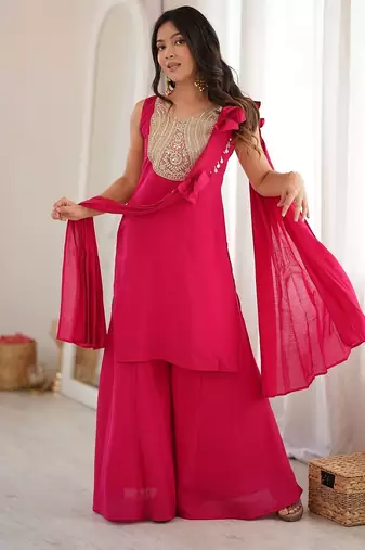 Rani pink heavy zari & thread embroidered kurti sharara set for women