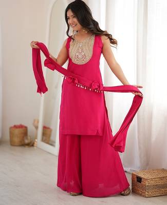Rani pink heavy zari & thread embroidered kurti sharara set for women 3