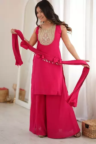 Rani pink heavy zari & thread embroidered kurti sharara set for women