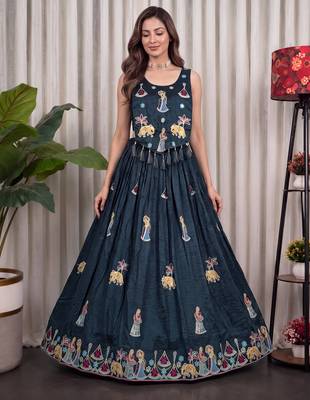 Teal Silk Blend Readymade Navratri Lehenga Choli with Thread & Sequin Work 1