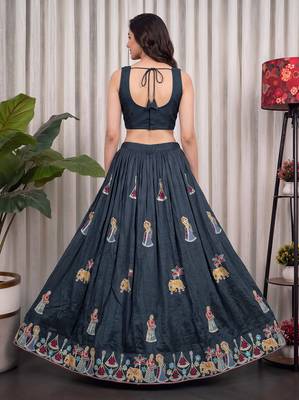 Teal Silk Blend Readymade Navratri Lehenga Choli with Thread & Sequin Work 4