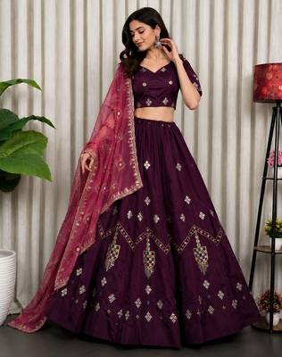 Wine Silk Blend Readymade Navratri Lehenga Choli with Thread & Sequin Work 1