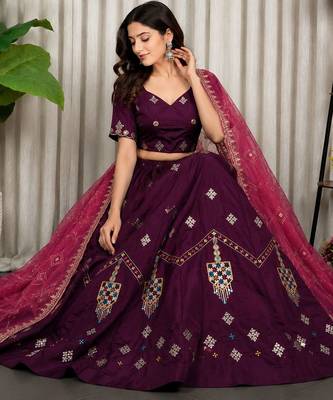 Wine Silk Blend Readymade Navratri Lehenga Choli with Thread & Sequin Work 3