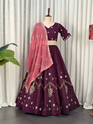 Wine Silk Blend Readymade Navratri Lehenga Choli with Thread & Sequin Work 4