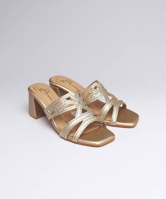 Gold faux leather block heels 1