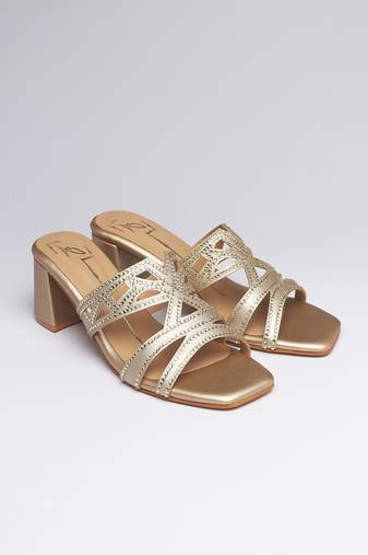 Gold faux leather block heels