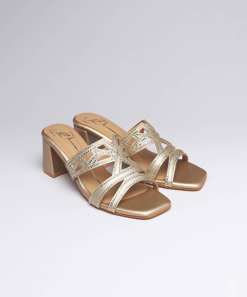 Gold faux leather block heels