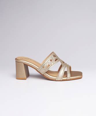 Gold faux leather block heels 2