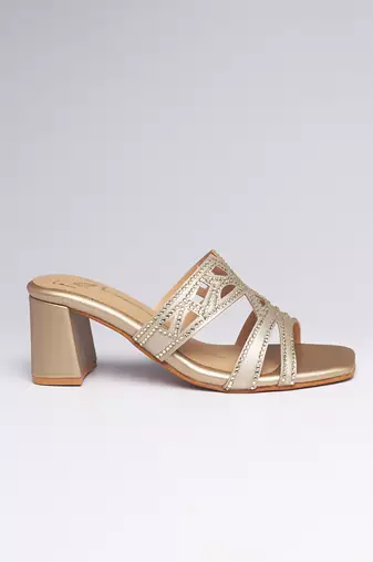 Gold faux leather block heels