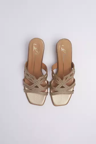 Gold faux leather block heels