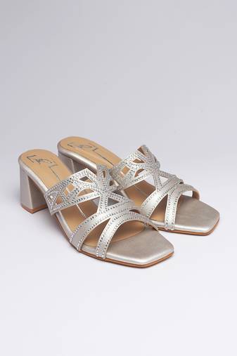Silver faux leather block heels