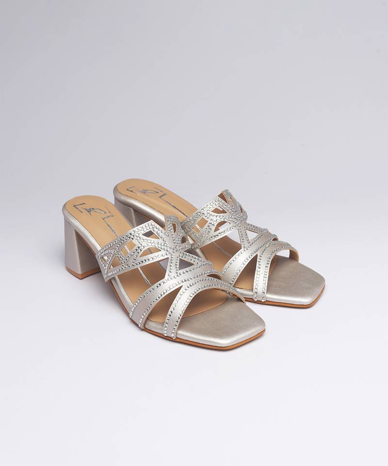 Silver faux leather block heels