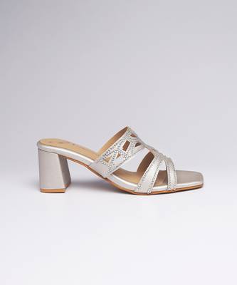 Silver faux leather block heels 2